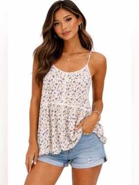 American Eagle Floral Spaghetti Strap Swing Tank Top - Cream Blue Yellow Medium